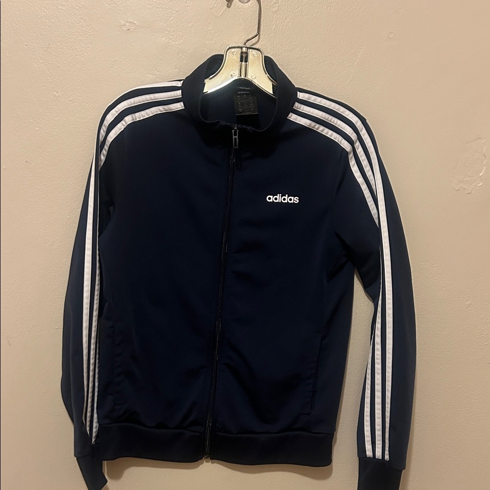 Adidas Men's Dark Blue Track Jacket with White Stripes